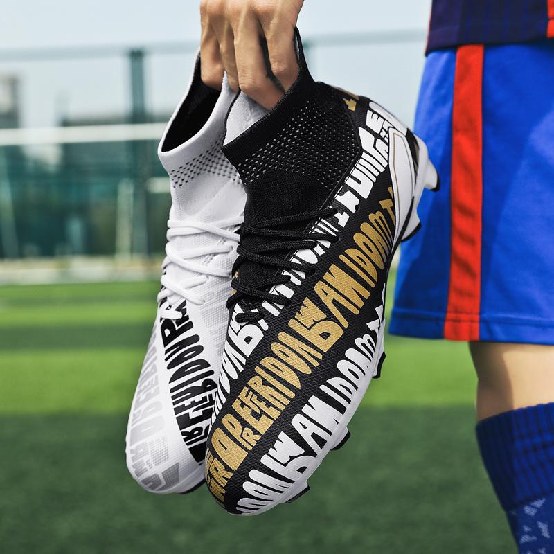 Футбольные бутсы, бутсы с текстовым узором, высокие кеды, длинные гвозди, высокие эластичные носки, тренировочные детские футбольные бутсы с искусственным лугом