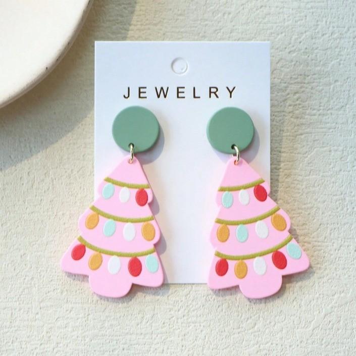Elegant Cute Acrylic Holiday Earrings In Pink With Cheerful Christmas Elements