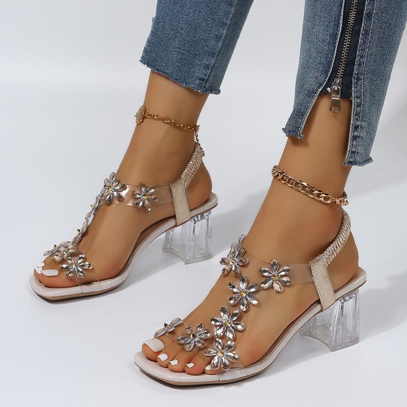 Модные женские босоножки больших размеров, летние, из ПВХ, с украшением в виде цветка, на толстом каблуке, с открытым носком, с ремешком сзади и эластичной резинкой, элегантные босоножки