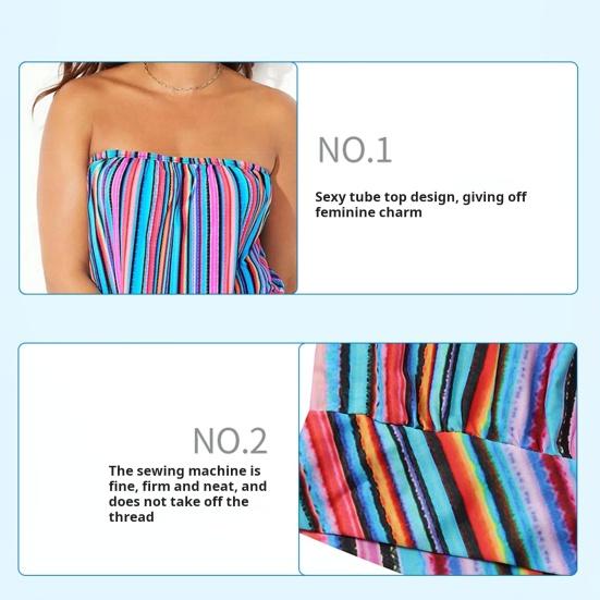 2Pcs/Set Women Swimsuit Set Bandeau Sleeveless Striped Print Swimming Tops High Waist Swimming
