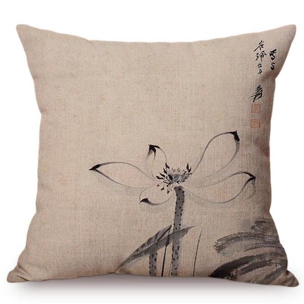 Chinese Style Vintage Ink Painting Lotus Pattern Throw Pillow Cover Classical Luxury Cushion Cover Sofa Decoration Pillowcase