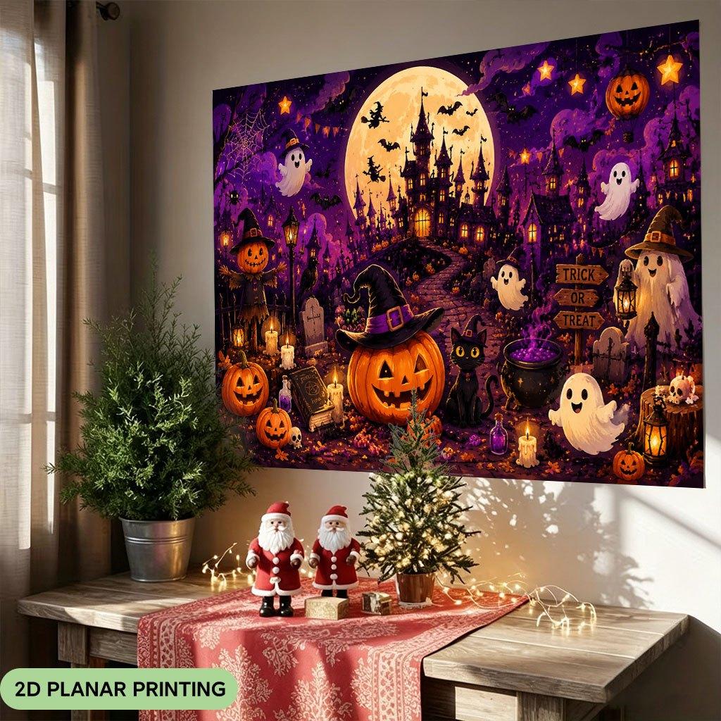 1 piece of 2D flat banner, Halloween pumpkin house scene, polyester fabric background clothzyc