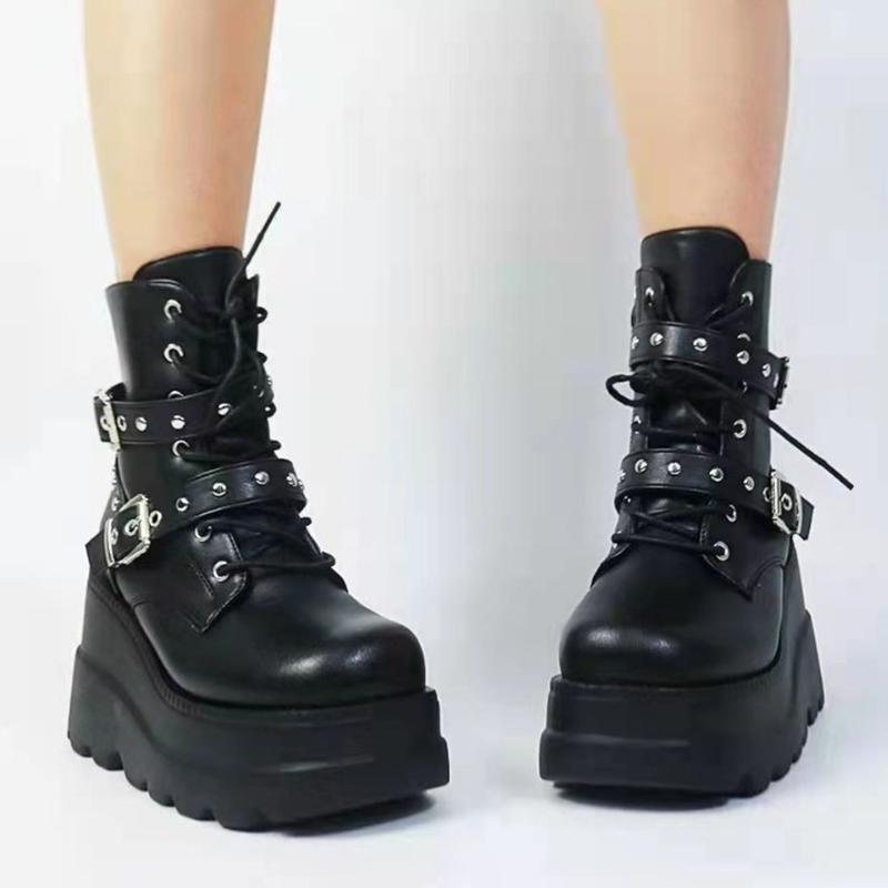Fashion Autumn Winter Women's PU Leather Ankle Boots Punk Style Motorcycle Platform Boots Women Thick Bottom Black Gothic Lolita Shoes