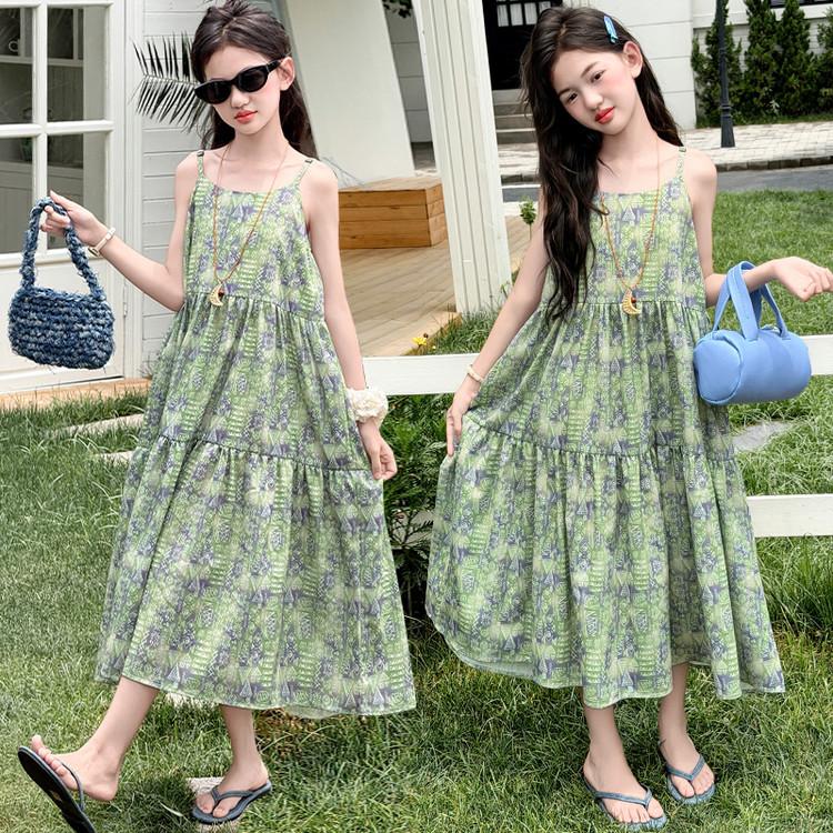 Girls' floral dress, seaside vacation style long dress, stylish and sweet princess dress, adjustable suspender long dress