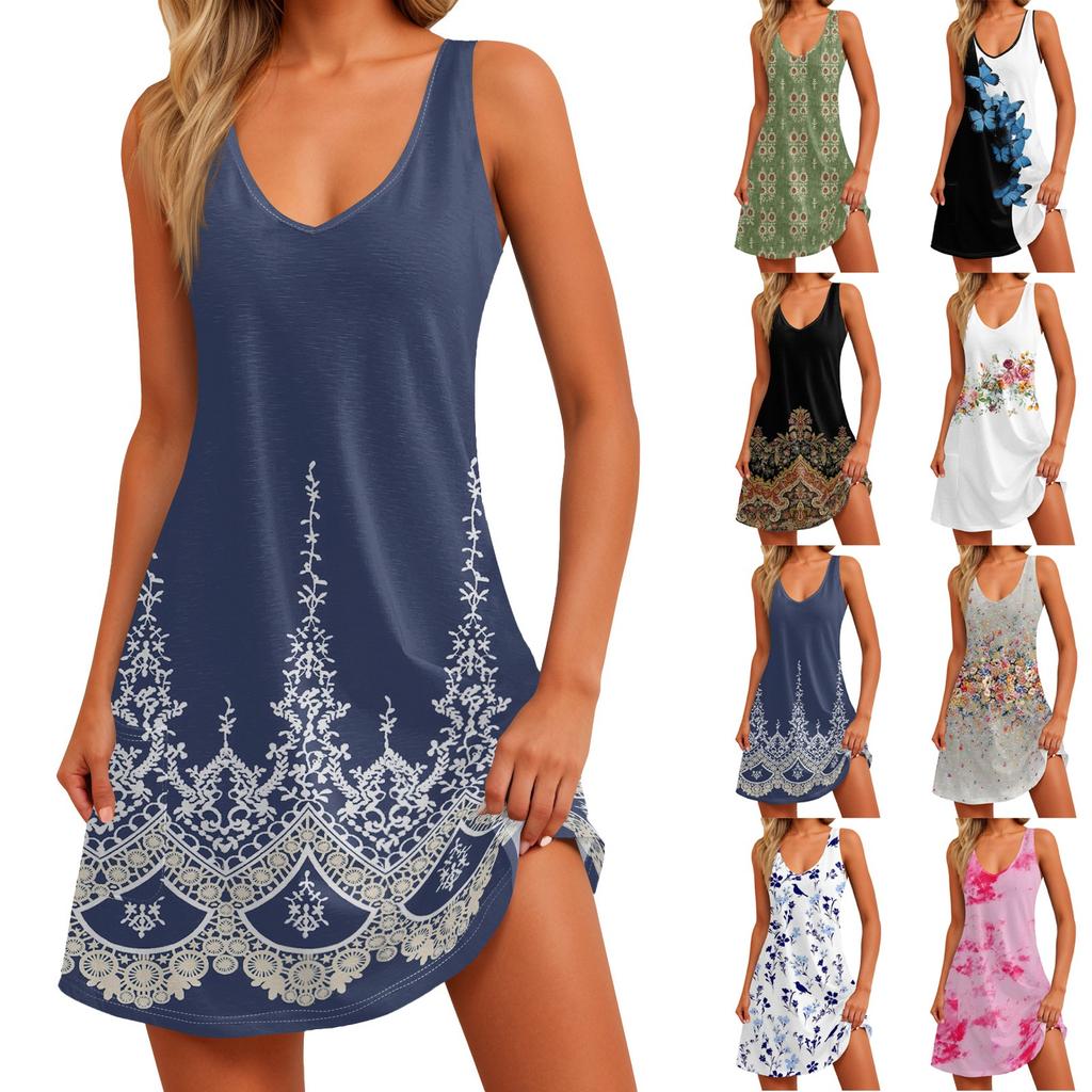 Women's Casual Sundress With Pockets Summer Boho Beach Dress Floral Blouses For Women T-Shirts Dress V Neck Loose Tank Dresses