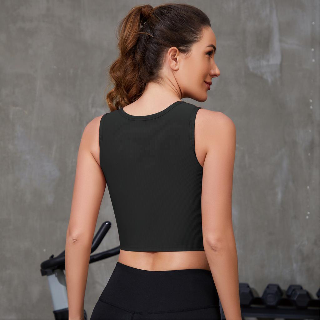 Women's Thin with Chest Pads Solid Colour Ribbed Shockproof Short Sports Fitness Yoga Tank Tops