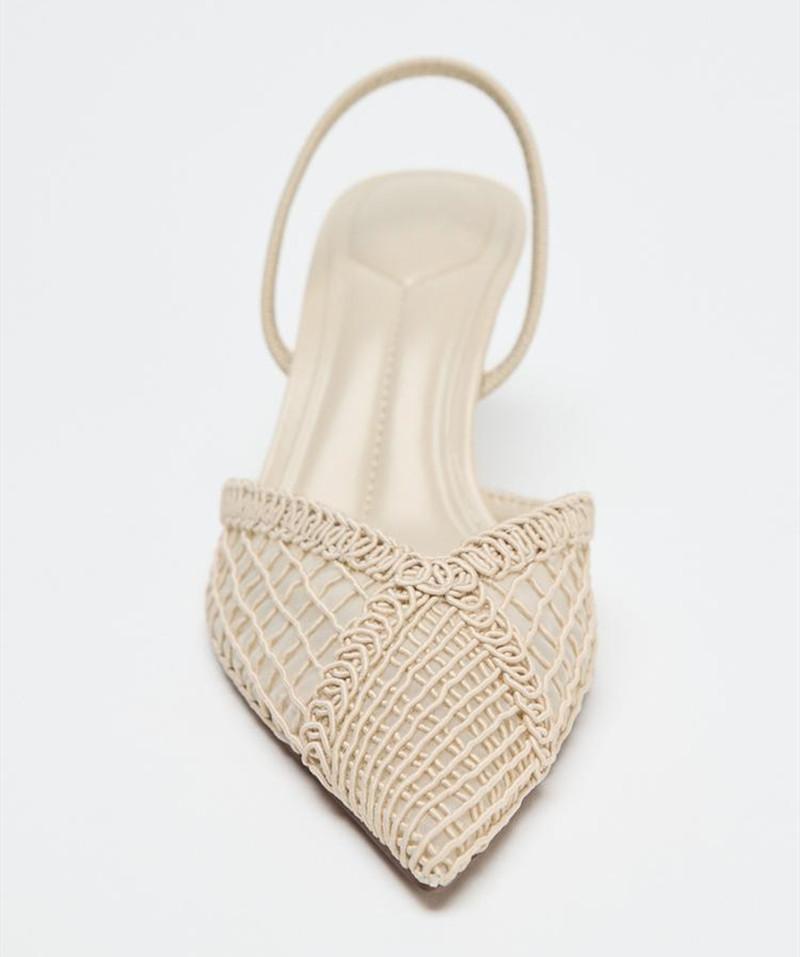 Модный сетчатый плетеный дизайн Тонкие высокие каблуки Женские Сексуальные с острым носком Дышащие Босоножки на каблуке с ремешком сзади Элегантные Бежевые Туфли для вечеринки