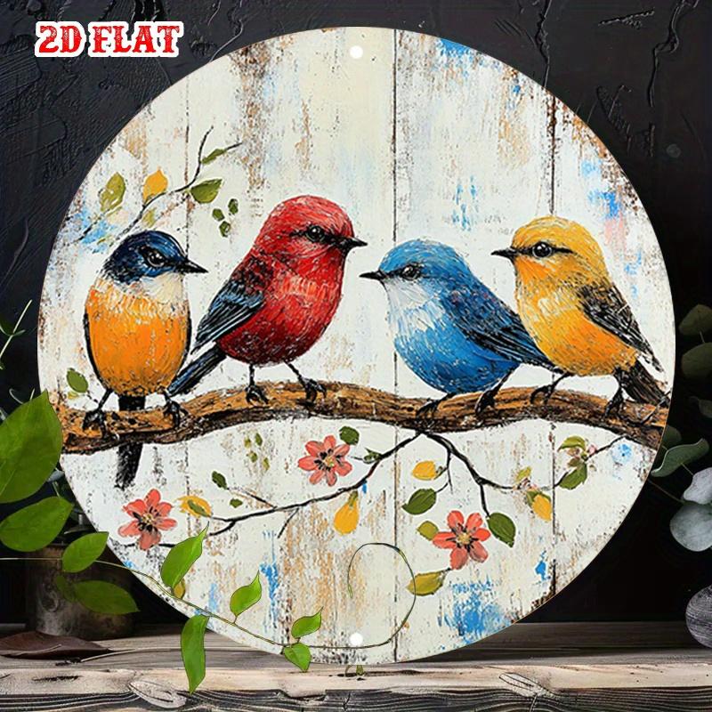 D Flat A Round Print Poster Showcasing a Single Piece of Vintage Metal Signage with Four Colorful Birds Perched on a Wooden B