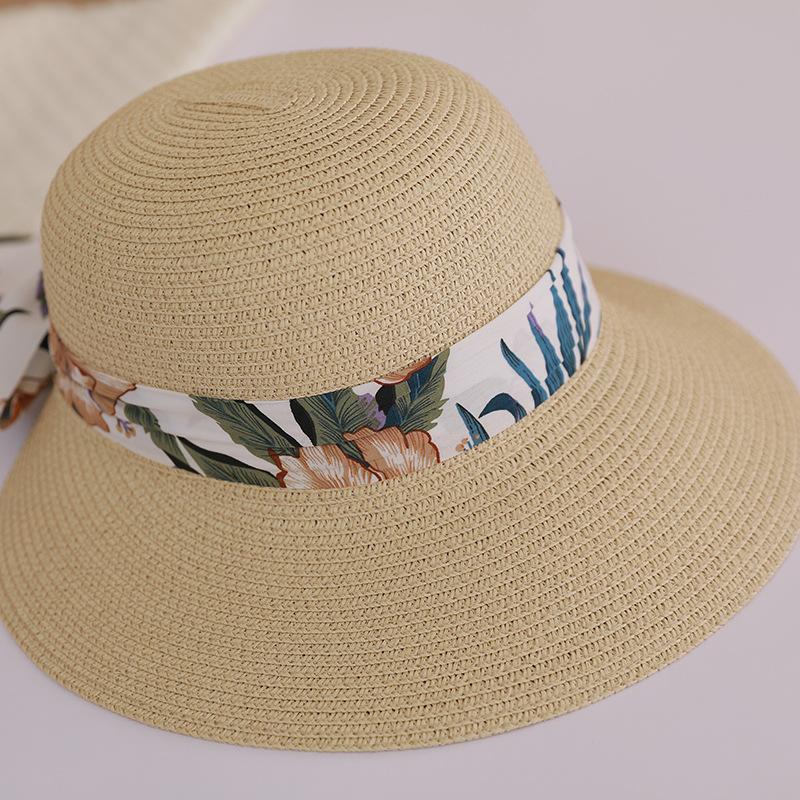 Flower Ribbon Bowknot Straw Hat Elegant Solid Color Sun Hat Trendy French Style Foldable Travel Beach Hats for Women Daily Use Summer Outdoor