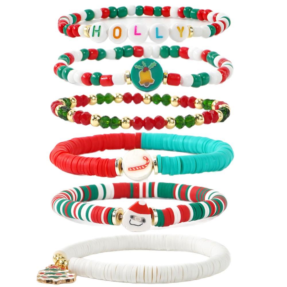 European & American Style Polymer Clay Bead Bracelet: Santa, Snowflake, Christmas Tree Elastic Design