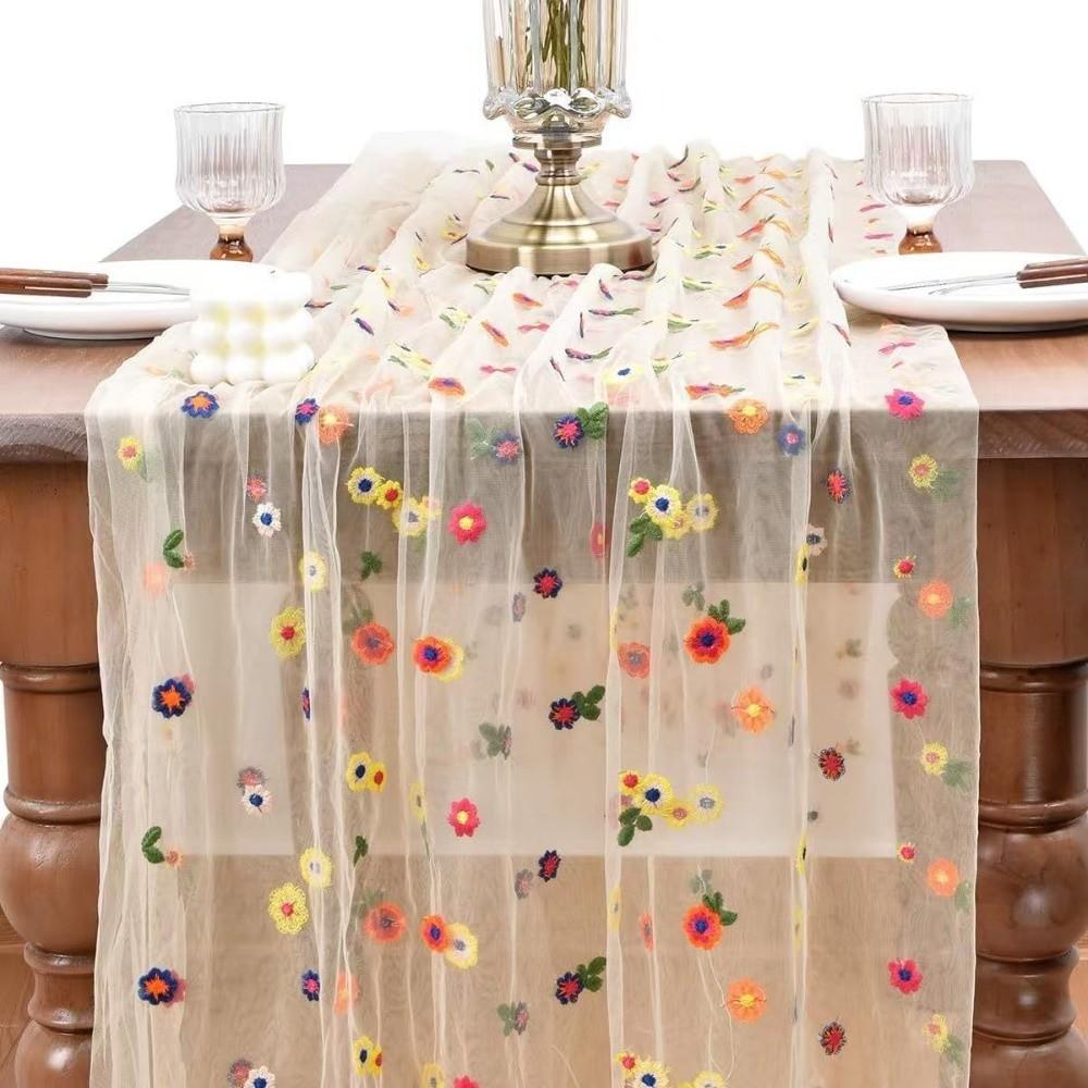 Colorful Flower Lace Tulle Runner Embroidery Daisy Floral Table Cover for Bridal Shower
