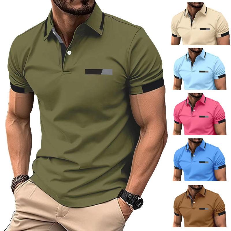 New Men's Casual POLO Shirt Chest False Pockets Lapel Buttons Business T-shirt Tops Male