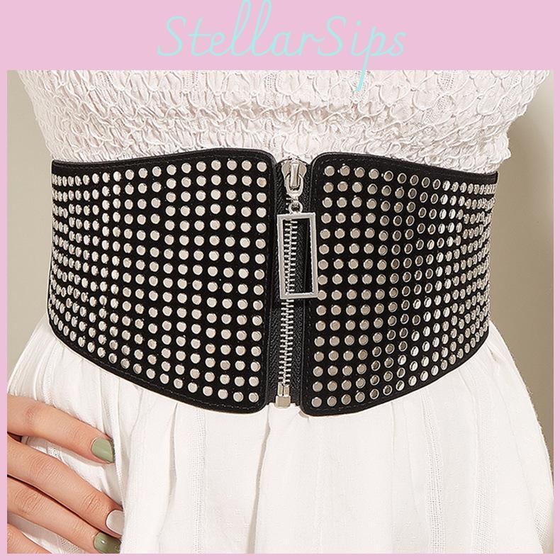 Multiple Small Flat Nail Zipper Waist Seal Waistband With Rivets Belt Black