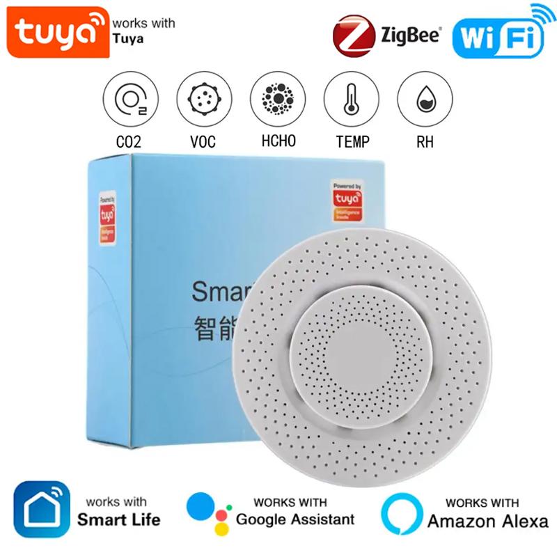 Tuya Zigbee/WiFi Датчик качества воздуха Умная воздушная коробка Измеритель CO2 Формальдегид VOC Датчик температуры и влажности Через Alexa Google