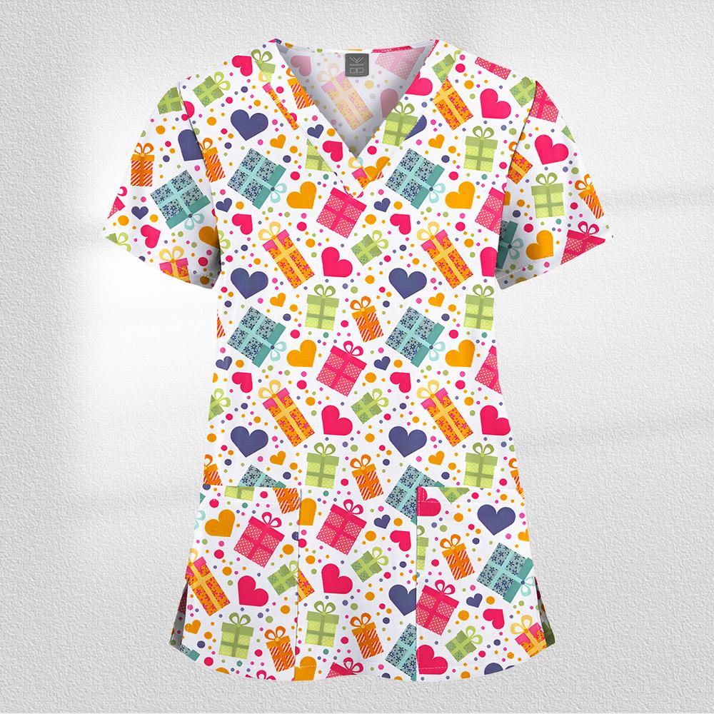 Women Working Uniform Cartoon Animal Print Short Sleeve V-neck T-shirt Tops Femme Blouse Nurse Work Wear Size XXS-6XL