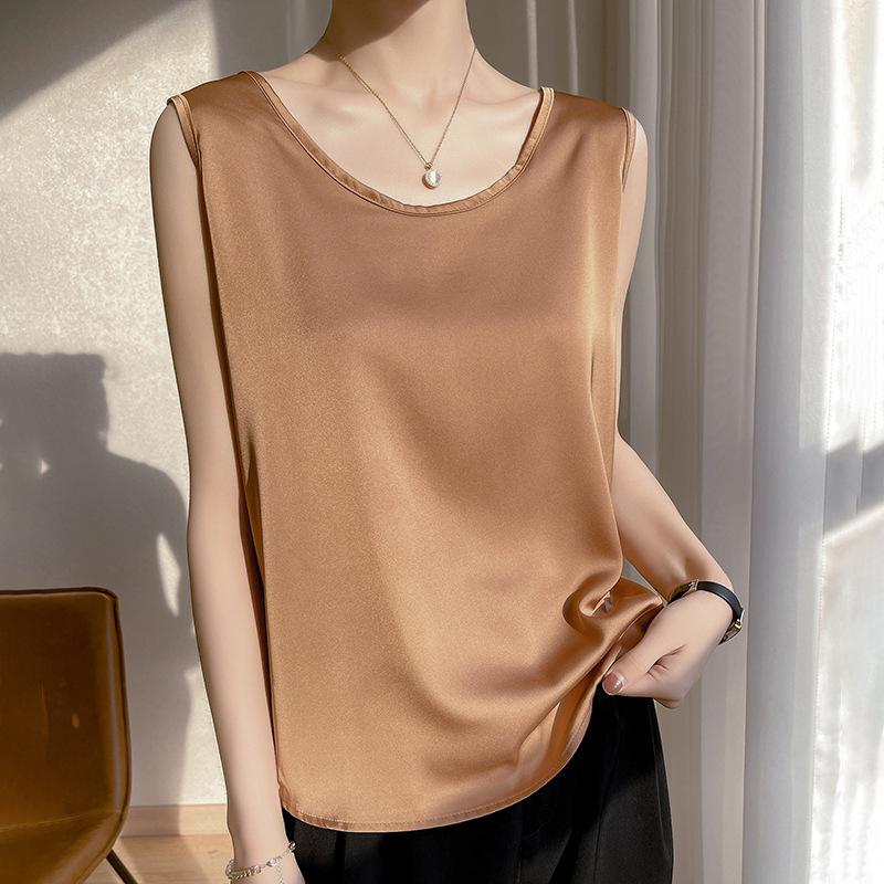 Satin Silk Vest Summer Women's Vest Pullover Short Top Sleeveless Vest Round Neck Solid Color Camisole