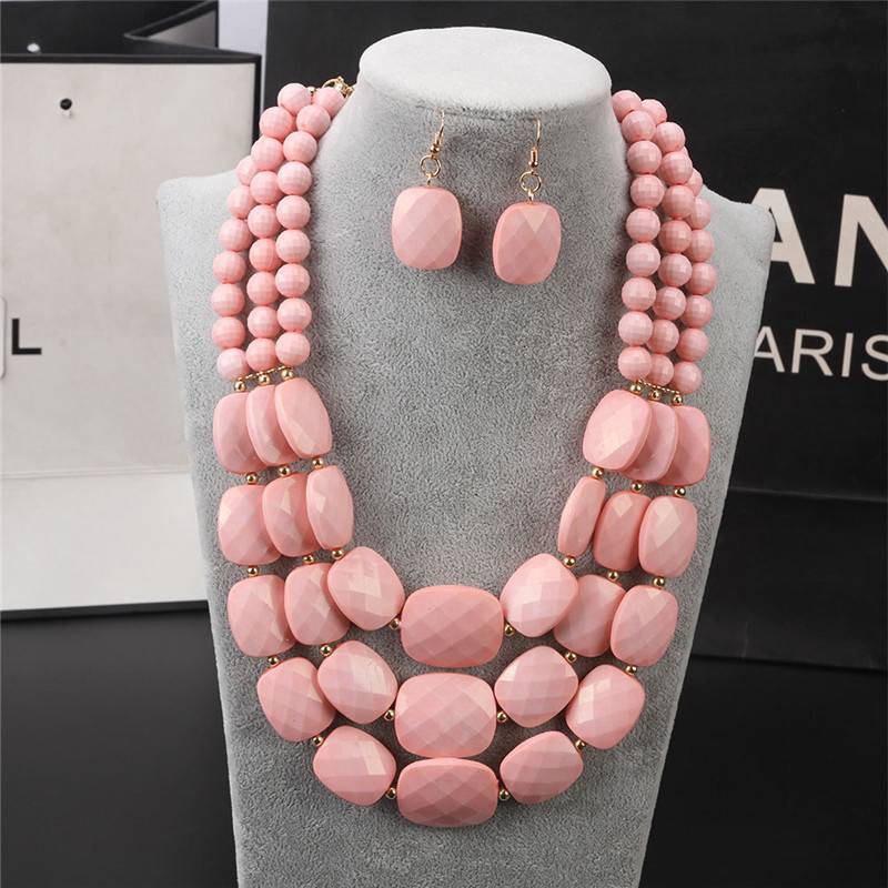 1Set Statement Bib Beaded Multilayer Necklace Women Chunky Earrings Simple Colorful Boho Jewelry Gift