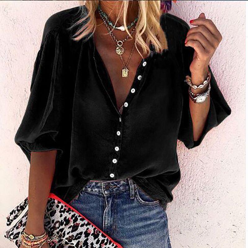 Stylish Women's 3/4 Sleeve Shirt Top Comfortable Loose Fit Button Down Blouse T-shirt