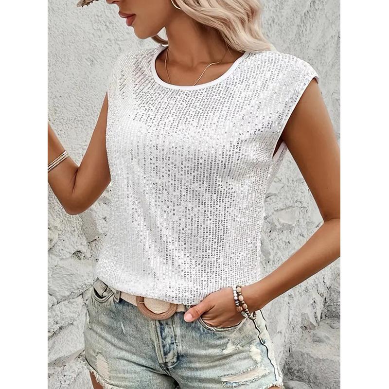 Женская мода, повседневная футболка с круглым вырезом и блестками, пуловер с короткими рукавами, топ