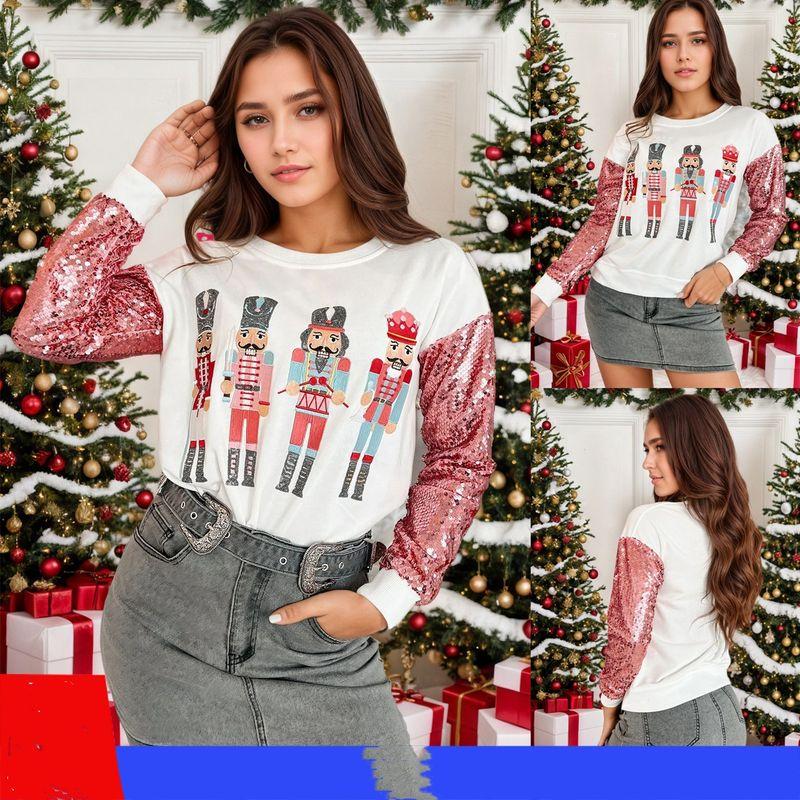 Splicing Casual Hoodie2025 Christmas New European and American Women Round Neck Patchwork Sequined Casual Bathroom