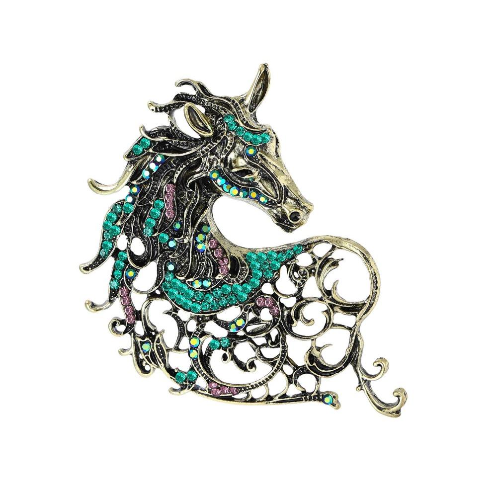 Vintage Rhinestone Horse Head Brooches Casual Metal Badge Pin Zodiac Animal Pins for Women