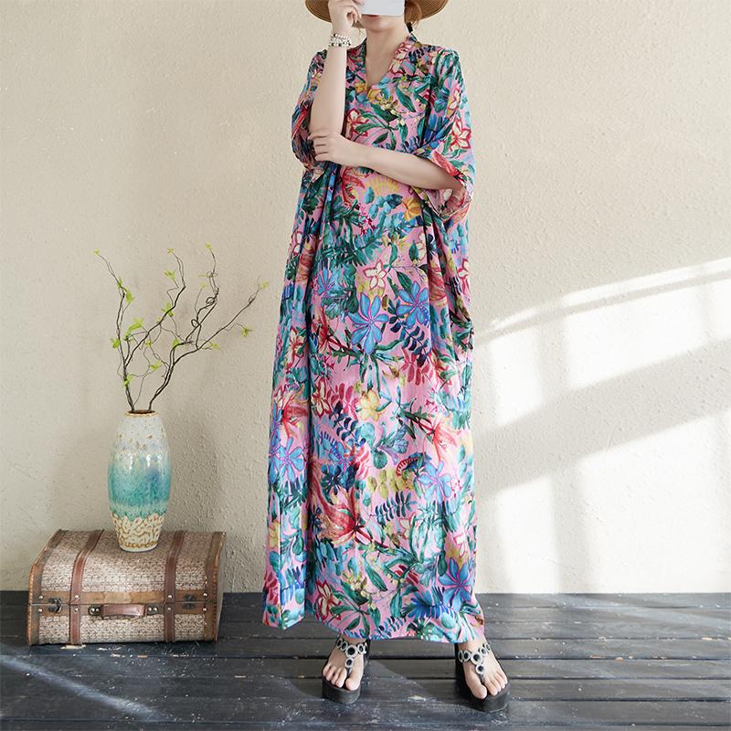 DIMANAF 2025 New Women Plus Size Summer Casual Floral Dress Vintage Long Dress Loose Basic Holiday Maxi