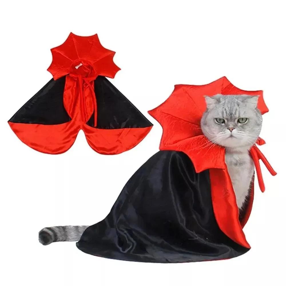 Spooky Vampire Cape for Pets - Red Black Adjustable Cat Dog Costume, Halloween Cosplay Photo Party Fun