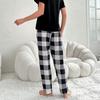 Женский комплект из 2 предметов: топ и брюки, летняя пижама, клетчатые брюки, круглый вырез, короткий рукав, футболка, домашняя одежда, повседневная одежда