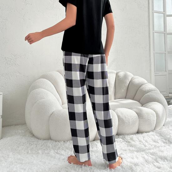 Женский комплект из 2 предметов: топ и брюки, летняя пижама, клетчатые брюки, круглый вырез, короткий рукав, футболка, домашняя одежда, повседневная одежда