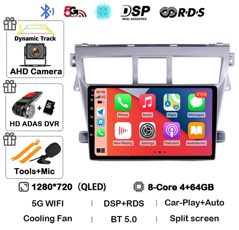 Android 14 Carplay Автомагнитола для Toyota Vios Yaris 2007 2008 2009 2010 2011 2012 Мультимедийный Видеоплеер 4G WIFI GPS Стерео