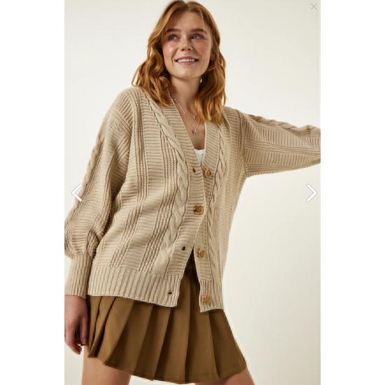 Kadın Krem Örgülü Balon Kollu Salaş Triko Hırka Standart Beden