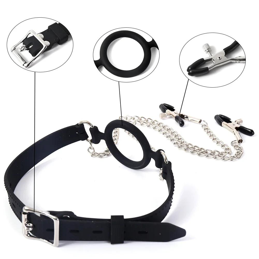 All Silicone Open Mouth O Ring Gag With Nipple Clamps BDSM Bondage Harness Locking Belt Sexyshop Erotic Accessories For Adults