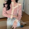 Женский кардиган-свитер с высокой талией, короткий, нежный, в стиле ретро, в клетку, с длинным рукавом, топ, весна и осень, новая вязаная куртка