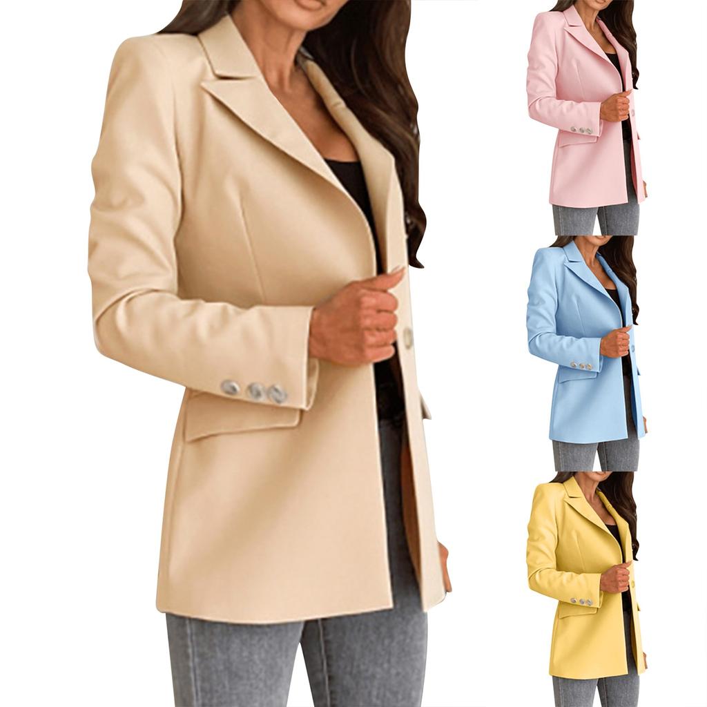 Women Solid Open Front Pockets Cardigan Formal Suit Long Sleeve Blouse Coat