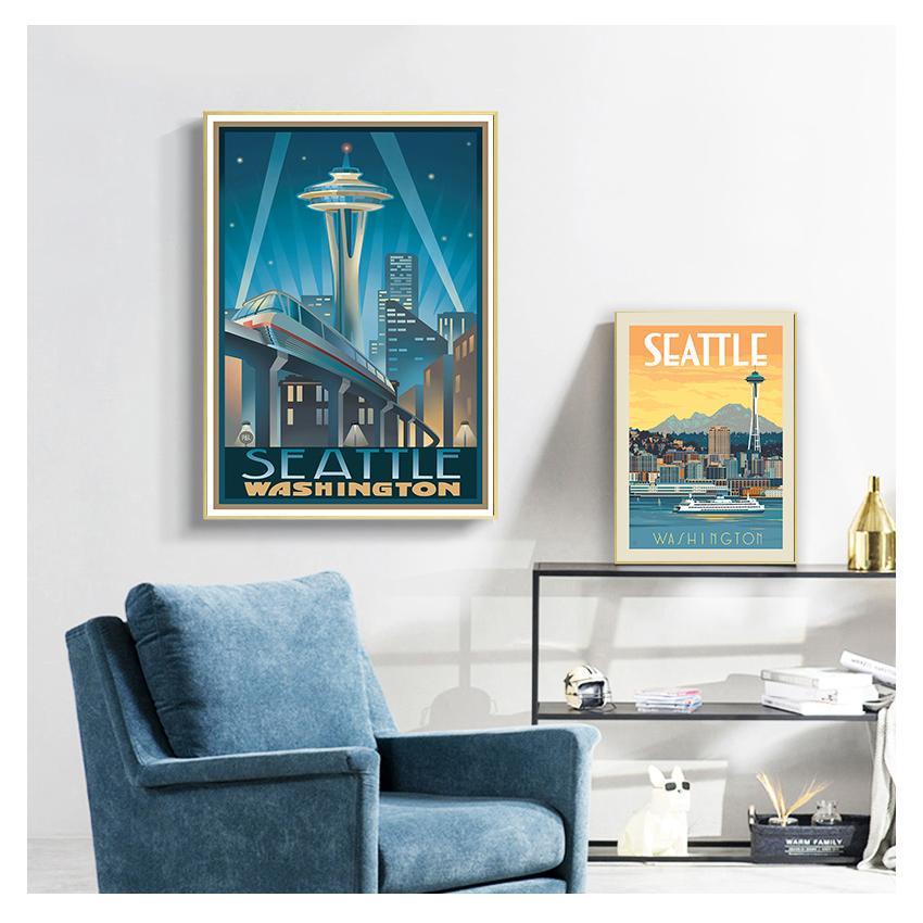 Дорожные картины на холсте, винтажные настенные крафт-плакаты с покрытием, наклейки на стену, домашний декор, подарок, Соединенные Штаты, Сиэтл, город Вашингтон