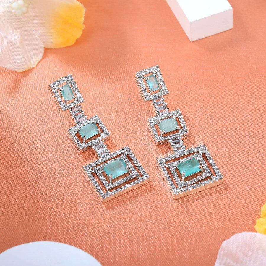 Дизайнерские серьги-подвески Estele с родиевым покрытием и CZ, геометрическим узором и мятно-зеленым для женщин