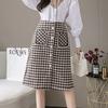 Женская клетчатая роскошная гусиная лапка с жемчугом и пуговицами с разрезом и высокой талией, шерстяная теплая юбка трапециевидной формы, зима-осень-весна, модная сексуальная юбка