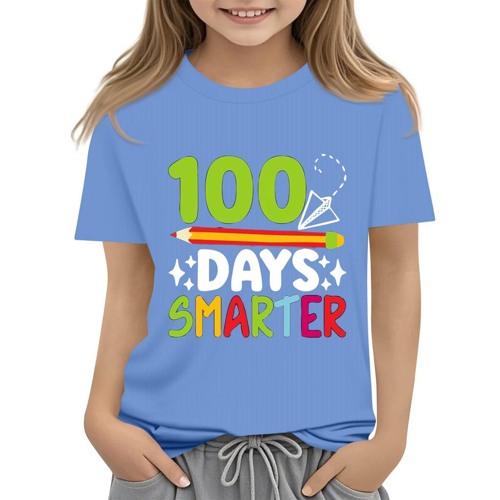 Happy 100th Day Of School Girls Boys Short Sleeve T Shirts Kids Tops Crewneck Tees
