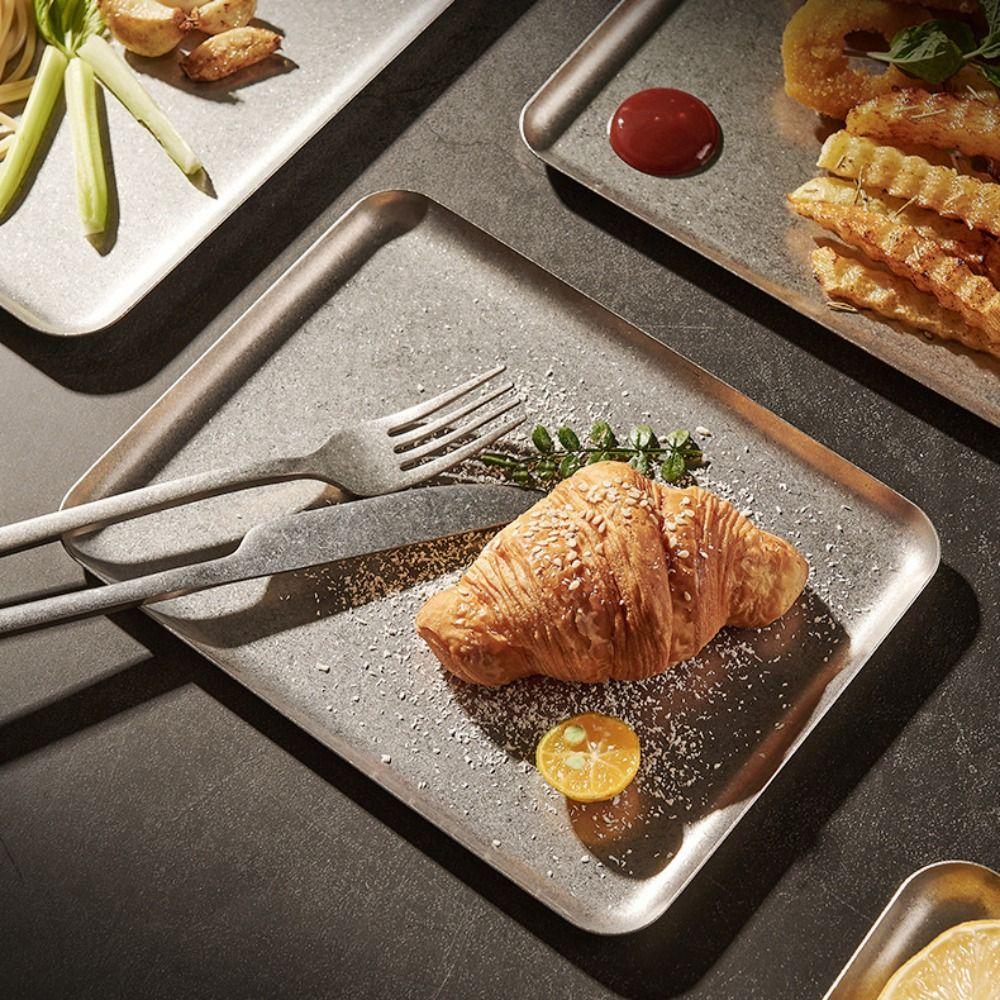 304 Stainless Stainless Steel Tray Vintage Silver Square Shape Dinner Plate Thickened Brushed Surface Steak Dish Dessert Display