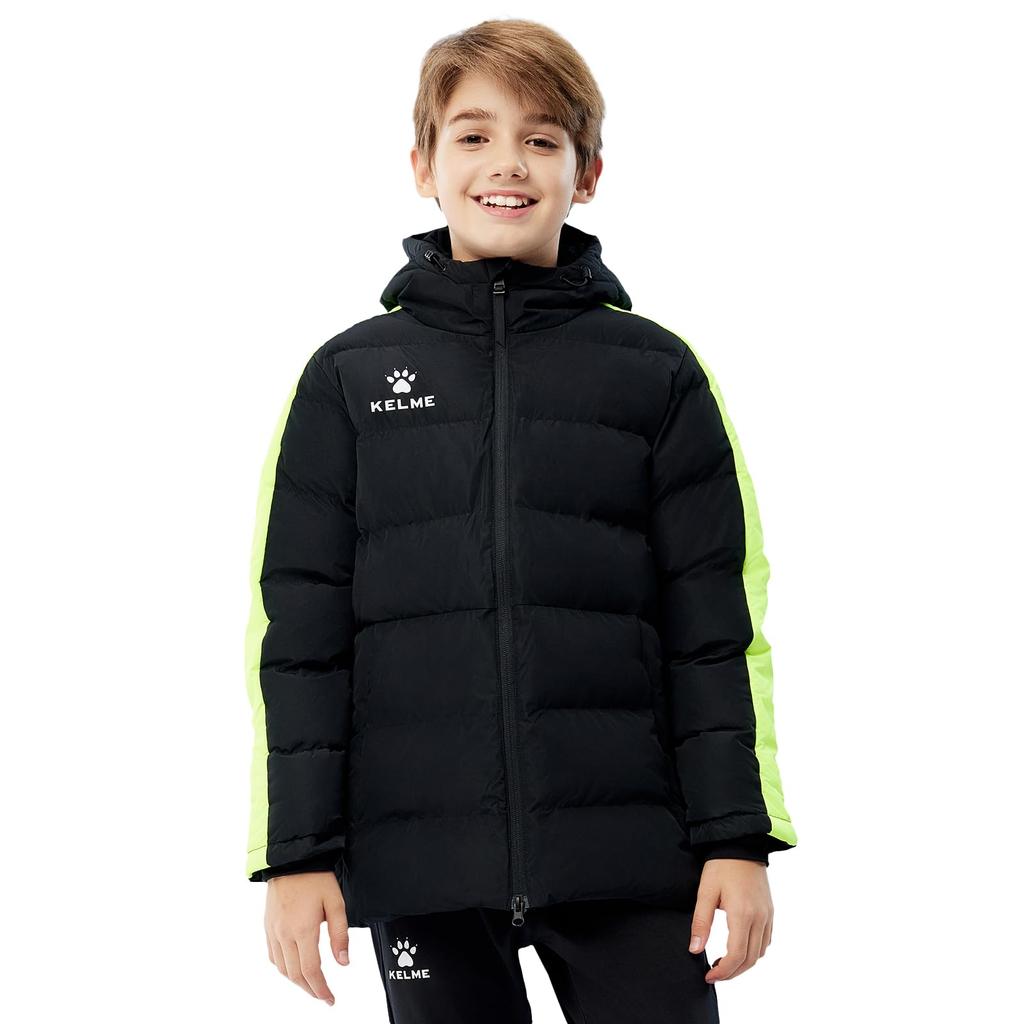 Kelme Kids' Winter Cotton Sports Jacket, Soccer Training Jersey, Warm and Thick, Short Version A, Black, Size 130