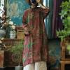 Women Vintage Print Floral Dress Stand Long Sleeve Red Linen Chinese Style Autumn Women A-Line Dress