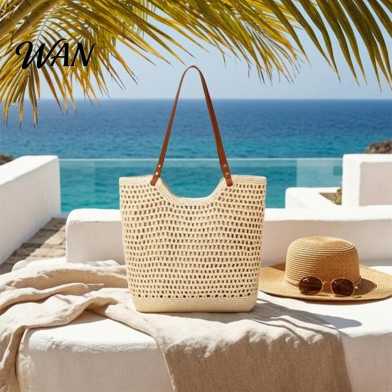 Portable Tote Bag Crochet Shoulder Bag, Large Capacity Lightweight Knit Handbag, Solid Color Handbag Summer Beach Purse for Women Holiday Commuting