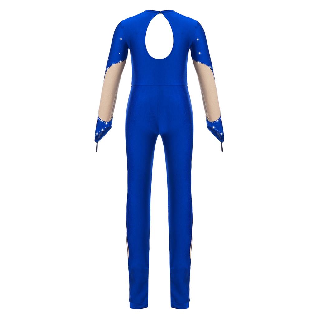 Kids Girls Shiny Gymnastics Unitard Bodysuit Long Sleeve Back Keyhole Mesh Patchwork Ice Skating Jumpsuit