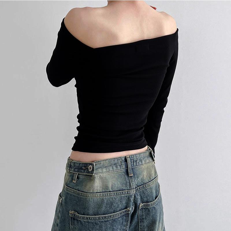 Черные однотонные элегантные топы с длинными рукавами, корейская модная тонкая сексуальная укороченная футболка, женская осенняя одежда