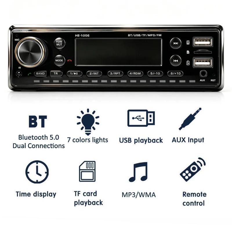 Новая Многофункциональная 1 DIN Автомагнитола Bluetooth Управление через Приложение USB MP3 Плеер TF Aux-in FM Приемник Высокая Мощность 7-цветная Подсветка Головное Устройство с Быстрой Зарядкой