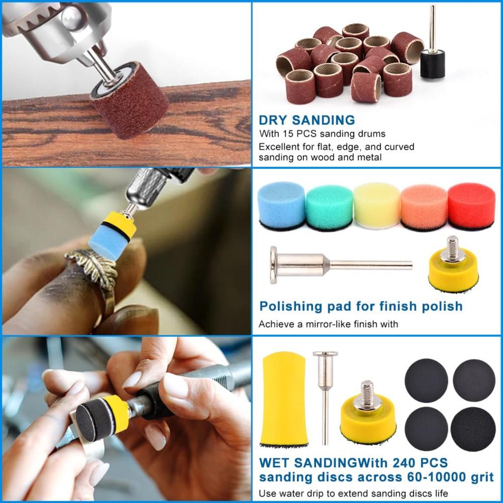 268 PCS 1 Inch Wet Dry Sanding Discs and Drums, 60 to 10000 Grit Wet Dry Sandpaper Micro Sand Paper with 1/8" Shank Backing Pad, fit