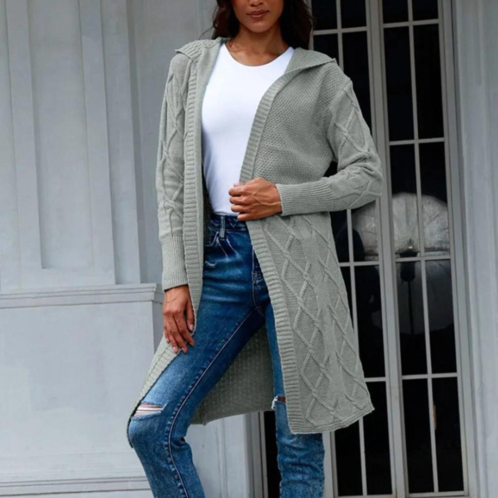 Женский свободный вязаный кардиган средней длины с капюшоном, пальто с косами