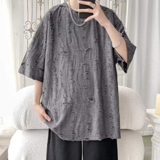 Летняя мужская футболка с рваными отверстиями, короткими рукавами и круглым вырезом, свободная ретро-пуловер в стиле High Street, однотонная, средней длины, мягкая повседневная футболка для подростков