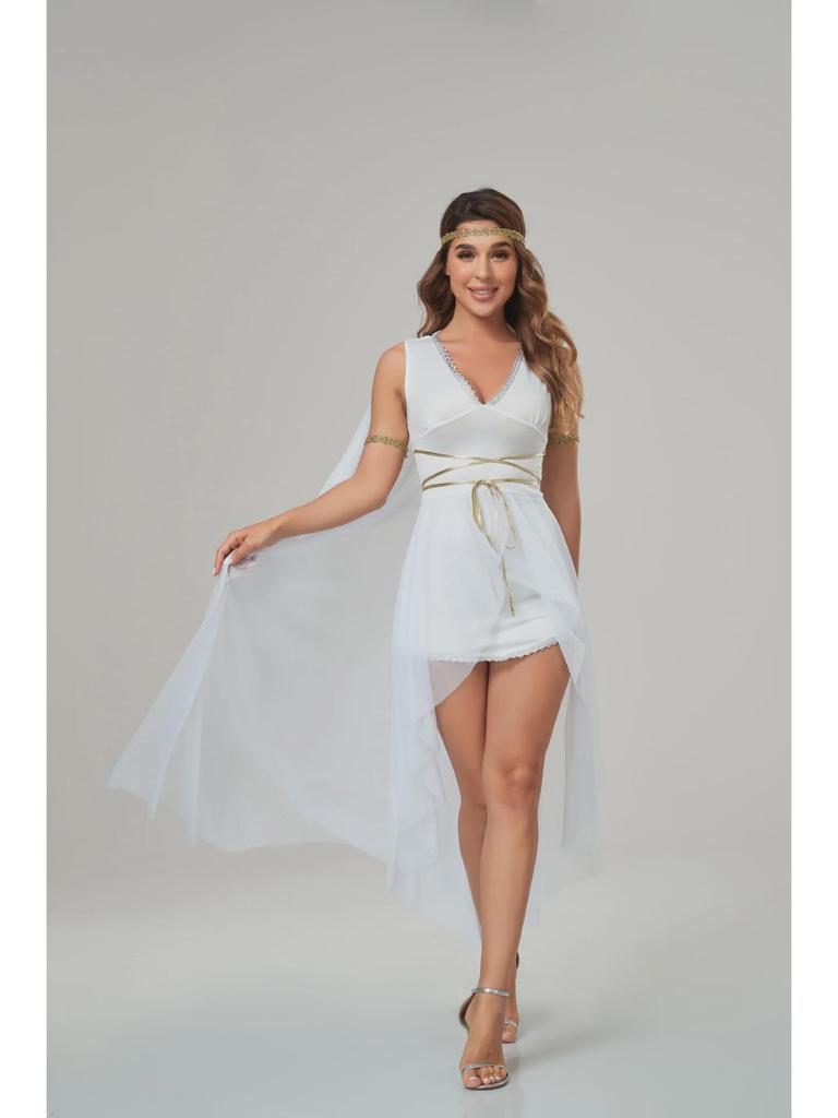 Белый костюм для косплея греческой богини на Хэллоуин с V-образным вырезом