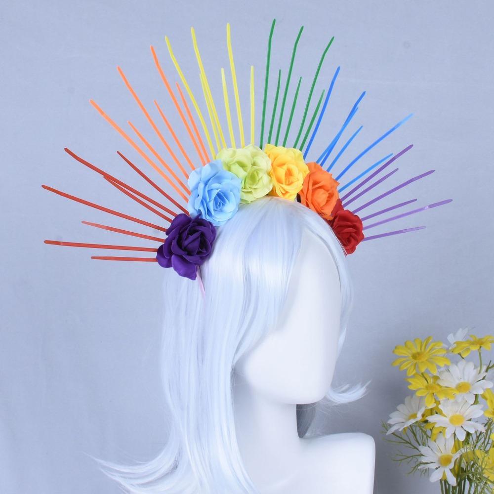Преувеличенная радужная повязка на голову, повязка на голову богини солнца, модный красочный цветочный обруч для волос, парад